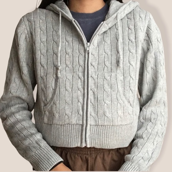Brandy Melville | Tops | Nwot Brandy Melville Gray Cable Knit Crystal  Cropped Hoodie | Poshmark
